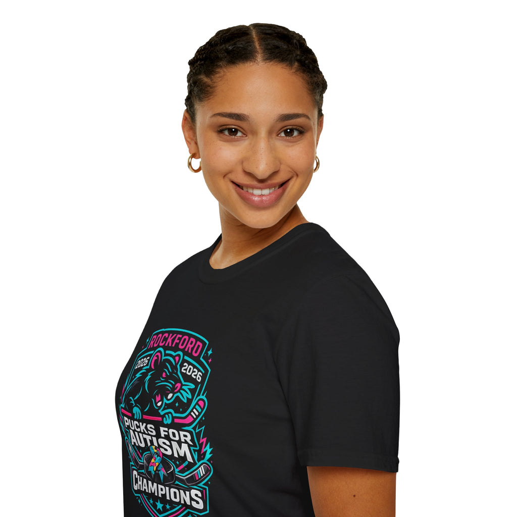 Pucks for Autism Hockey T‑Shirt — Rockford Rink Rats 2026 Championship T- Shirt