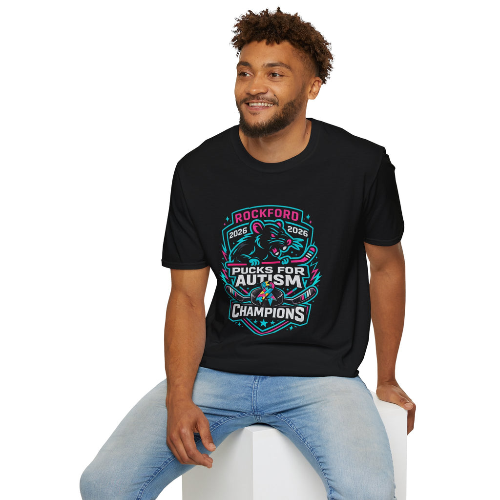 Pucks for Autism Hockey T‑Shirt — Rockford Rink Rats 2026 Championship T- Shirt